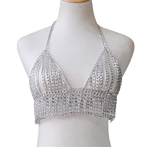 LVUNZJCA Damen Körperkette Mehrschichtige Kettenhalskette Übertriebene Weste-BH-Körperkette für Sommerstrand(Silver_One Size) von LVUNZJCA