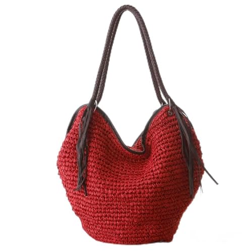 LVUNZJCA Damen Strohtasche Weibliche Tasche Stroh Tasche Einfache Quaste Tasche Schulter Strand Tasche Gewebte Tasche (Farbe : rot, Size : 1pcs) von LVUNZJCA