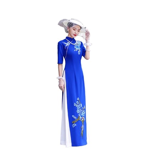 LVYUDS Traditionell Ao Dai Vietnamesische Stickerei Halbarm Lang Chinesisches Kleid Bühnenshow Traditionell Schmal Qipao Abendessen Party(S) von LVYUDS