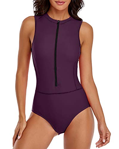 LVZIJUN Einteiliger Rashguard für Damen, hoher Kragen, ärmellos, Reißverschluss, UPF 50, Surfen - Violett - Medium von LVZIJUN