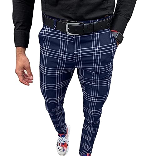 LWJBHSH Herren Hosen, Mit Kariertem Druck, Lässig Für Herren, Hose Mit Reißverschluss Und Elastischem Bund Karierte Chinos Anzughose Herrenhosen (Color : Blue, Size : M) von LWJBHSH