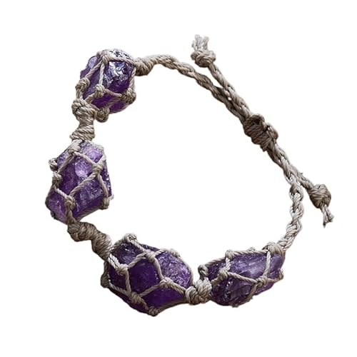 LWQCHW Armband für Damen, aus unbehandeltem Stein, Retro-Wachsseil, geflochten, verstellbar, handgewebt, Schmuck (Amethyst) von LWQCHW