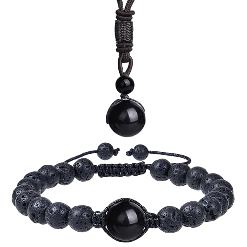 LWQQWL Heilkristalle, Perlenarmbänder, Anhänger, Halskette und Armband, Set aus Naturstein, Lavastein, Perlen, Vulkanstein, Energiekristall, Schutz, Armbänder für Damen und Herren, Schmuck von LWQQWL