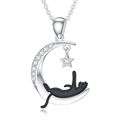 LWXIE Diamant-Mond- und Katzen-Halskette für Damen, 925er-Sterlingsilber, schwarze Katze auf dem Mond, Anhänger mit im Labor gezüchteten Diamanten, Schmuckgeschenke LWXIE Diamant-Mond- und Katzen-Halskette für Damen, 925er-Sterlingsilber, schwarze Katze auf dem Mond, Anhänger mit im Labor gezüchteten Diamanten, Schmuckgeschenke von LWXIE