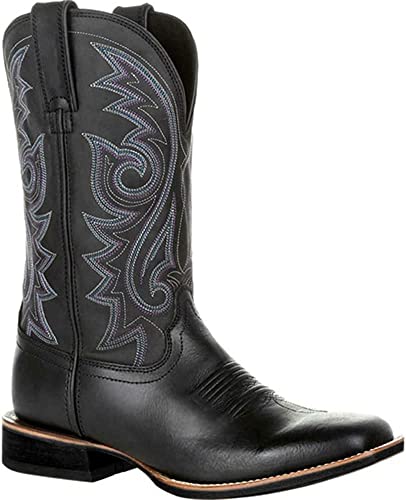 Herren Cowboystiefel, breit, klassisch, Vintage, mittlere Wade, Westernstiefel, Stickerei, spitzer Zehenbereich, Blockabsatz, Schlupfstiefel, lange Stiefel (Größe: 47 EU, Farbe: Schwarz) von LWY