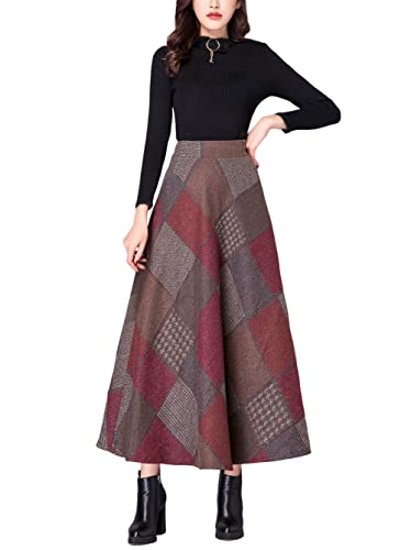 Damen Hohe Taille Lang Rock Winter Vintage Elastische Swing Glockenrock Faltenrock Elegant A-Linie Röcke (L,Rot) von LWZDREAM