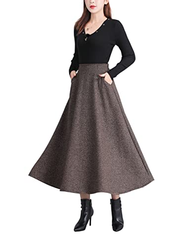 Damen Hohe Taille Lang Rock Winter Vintage Elastische Swing Glockenrock Faltenrock Elegant A-Linie Röcke （M,Khaki） von LWZDREAM