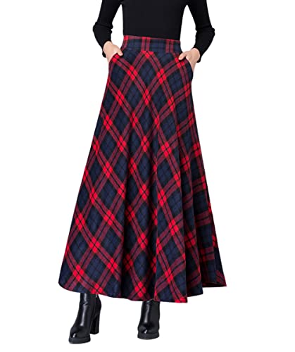 Damen Hohe Taille Lang Rock Winter Vintage Elastische Swing Glockenrock Faltenrock Elegant A-Linie Röcke (M,Rot 1) von LWZDREAM