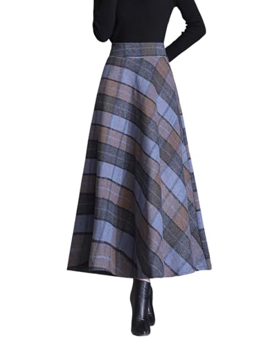 Damen Retro Winter Maxi Röcke Wolle Hohe Taille Gitter Vintage Elastische Taille Elegant A-Linie Swing Rock Glockenrock Faltenrock (DE/NL/SE/PL, Alphanumerisch, L, Regular, Regular, Blau 2) von LWZDREAM