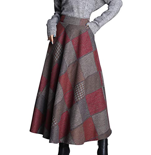 Damen Retro Winter Maxi Röcke Wolle Hohe Taille Gitter Vintage Elastische Taille Elegant Casual A-Linie Swing Rock Glockenrock Faltenrock (L,Rot) von LWZDREAM