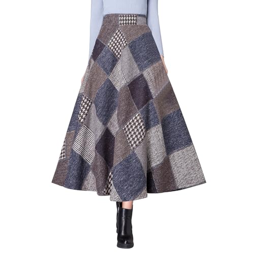 Damen Retro Winter Maxi Röcke Wolle Hohe Taille Gitter Vintage Elastische Taille Elegant Casual A-Linie Swing Rock Glockenrock Faltenrock (S,Blau) von LWZDREAM