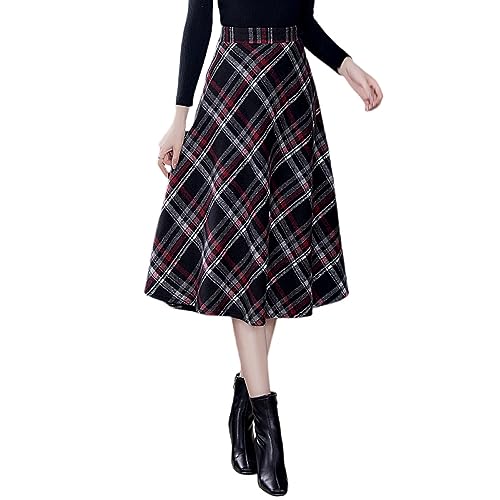 Damen Winter Midi Rock Wolle Röcke Vintage Elegant Lang Hohe Taille Langer Faltenrock Glockenrock (L,Farbe 2) von LWZDREAM