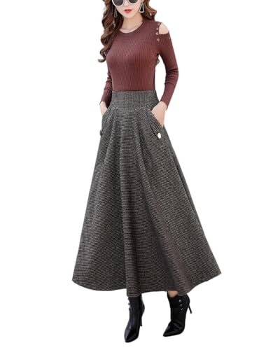 Faltenrock Damen Winter Wolle Lang Röcke Hohe Taille Vintage Elegant Große Schaukel Glockenrock（L,Kaffee） von LWZDREAM