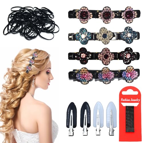LXBCTOP 4 Stück Glitzernde Kristall-Stein Geflochtene Haarspangen, Haarspange mit Kristallblume, Kolibri Haarspange mit Kristallblume, Geflochtene Strass-Haarspangen für Damen und Mädchen von LXBCTOP
