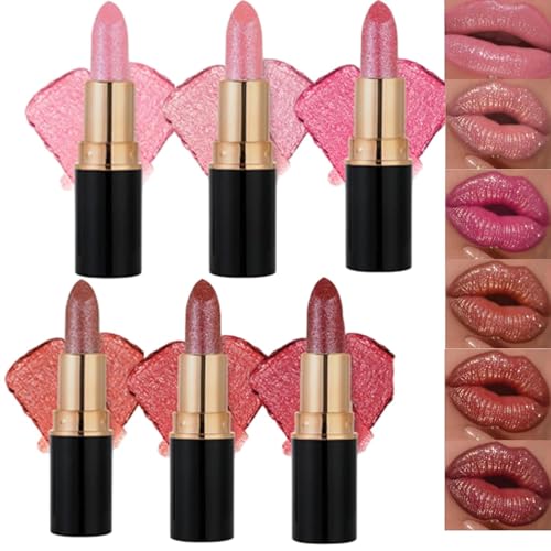 LXCJZY Diamond Glitter Lipstick - Waterproof Shimmery Matte Lip Gloss, Hydrating Lip Care with Plumping Effect, Non-Stick To Cup Non-Fading Sparkly Glossy Lipsticks (All, 6Pcs) von LXCJZY