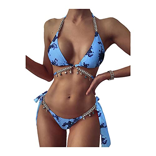 LXDZXY Swimwears, Kristall Diamant Bikini Swimwear Frauen Badeanzug Kette Bandage Bikini Set/Blue1/M von LXDZXY