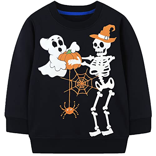 LXKA Kinder Halloween Pullover Jungen Mädchen Unisex Leuchtet im Dunkeln Sweatshirt Kinder Skelett Totenkopf Geist Kleidung Kleinkind Halloween Tops Langarm 100% Baumwolle Rundhalsausschnitt Casual von LXKA