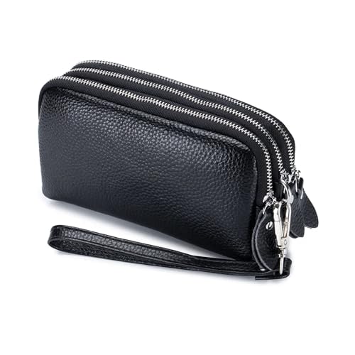 LXLAEOANG Damen Lange Geldbörse 3-lagig Reißverschluss Geldbörse Tasche Große Kapazität Armband Clutch Geldbörsen Handytasche Geldbeutel Für den Abend, Feiertage(Black) von LXLAEOANG