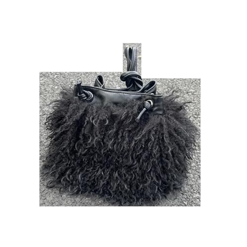 LXLAEOANG Imitation Wolle Damen Plüsch Schultertaschen Mädchen Kunstpelz Kordelzug Eimer Tasche Weibliche Pelzigen Geldbörse Tote Handtaschen(Black) von LXLAEOANG
