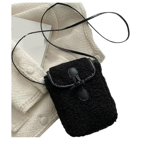 Lammwolle Handytasche Damen Kunstpelz Taschen Zart Süß Schön Cross Body Tragbar Hornknopf Plüsch Quadratisch Gemütlich(Black) von LXLAEOANG