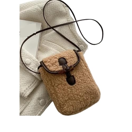 Lammwolle Handytasche Damen Kunstpelz Taschen Zart Süß Schön Cross Body Tragbar Hornknopf Plüsch Quadratisch Gemütlich(Khaki) von LXLAEOANG