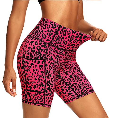 LXNMGO Damen High Waist Yoga Shorts mit Taschen Stretch Workout Laufen Volleyball Unterkleid Biker Shorts für Frauen, 17,8 cm pinker Leopard, Klein von LXNMGO