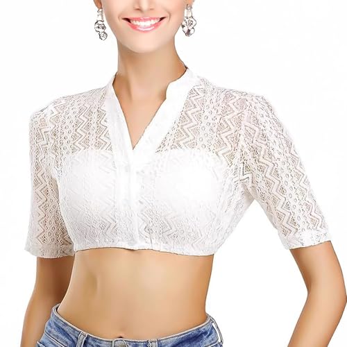 LXUBDXY Dirndl Bluse Damen, Spitzenbluse Damen Weiß, Kurzarm V-Ausschnitt Dirndlbluse zum knöpfen, Trachtenbluse Damen für Bayrische Tracht Oktoberfest (DE/NL/SE/PL, Numerisch, 40, Regular, Regular) von LXUBDXY