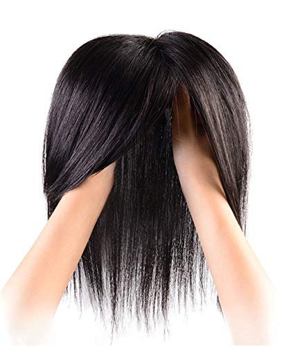 Glattes Echthaar-Kronenaufsatz für Frauen mit dünner werdendem Haar, zum Einklipsen von Hand gebundener Haarspitze mit Pony von LXUE