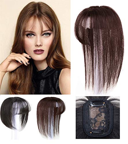 LXUE Realistische Krone Haarteile mit Pony, Echthaar Clip in Topper für Frauen mit Haarausfall, 30,5 cm Dunkelbraun von LXUE