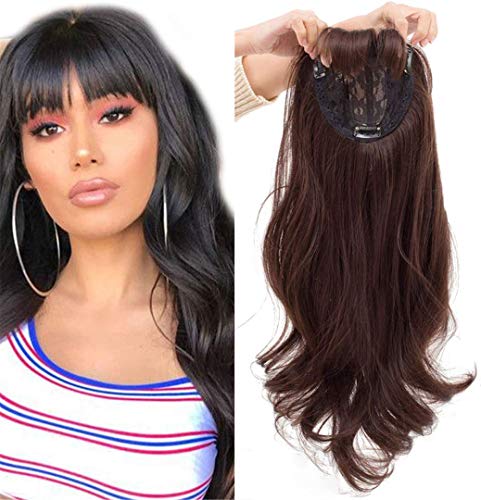 Langes, gewelltes Topper-Haarteil mit Pony, Clip-in-Haarteil, synthetische Perücken-Topper, für Frauen, um Haarvolumen hinzuzufügen, 55,1 cm, Hellbraun (110 g) von LXUE