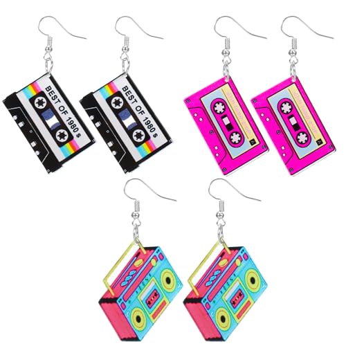 LXUEJIE 3 Paare Retro Kassettenband Ohrringe, 80er 90er Neon Ohrring für Frauen Acryl 80er Jahre Outfit Damen 90er Jahre Accessoires für 80er 90er Jahre Outfit Mottoparty Kostüm Party Zubehör von LXUEJIE