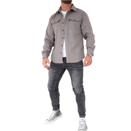 Herren-Hemdjacke mit Knopfleiste, Baumwoll-Arbeitsmantel, Hemdjacke mit Knopfleiste, schmale Passform, langärmlig für Herren (Light grey,3XL) von LXURY