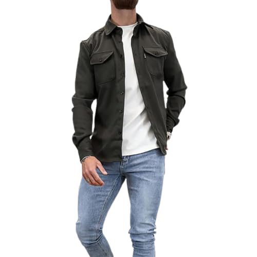 LXURY Herren-Hemdjacke mit Knopfleiste, Baumwoll-Arbeitsmantel, Hemdjacke mit Knopfleiste, schmale Passform, langärmlig für Herren (ArmyGreen,2XL) von LXURY