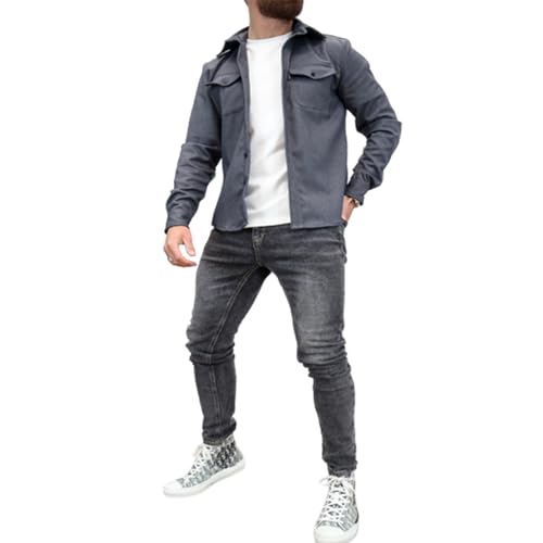LXURY Herren-Hemdjacke mit Knopfleiste, Baumwoll-Arbeitsmantel, Hemdjacke mit Knopfleiste, schmale Passform, langärmlig für Herren (Dark gray,2XL) von LXURY