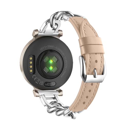 LXURY Lederarmband Mit Metall Ketten für Garmin Lily 2 Armband, 14mm Damen für Garmin Lily 2 Edelstahl Ersatzarmband Kompatibel mit Garmin Lily 2 Uhrenarmband (1) von LXURY