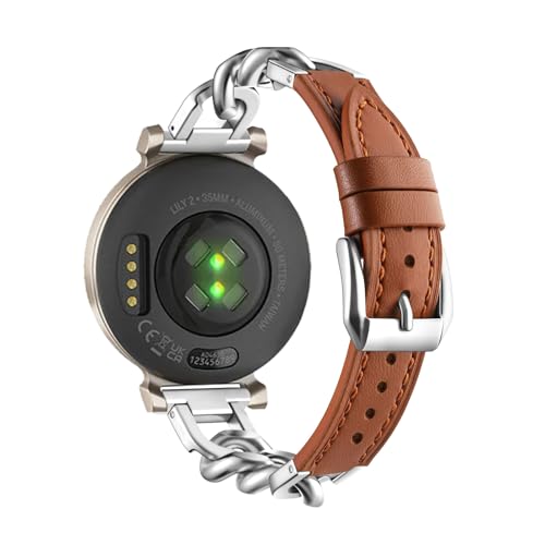 LXURY Lederarmband Mit Metall Ketten für Garmin Lily 2 Armband, 14mm Damen für Garmin Lily 2 Edelstahl Ersatzarmband Kompatibel mit Garmin Lily 2 Uhrenarmband (8) von LXURY