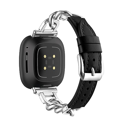 Lederarmband Mit Metall Ketten für Fitbit Versa 4/Versa 3/Sense/Sense 2 Armband Damen Fitbit Versa 4/3 Edelstahl Ersatzarmband Kompatibel mit Fitbit Versa 4/Versa 3/Sense/Sense 2 Uhrenarmband (2) von LXURY
