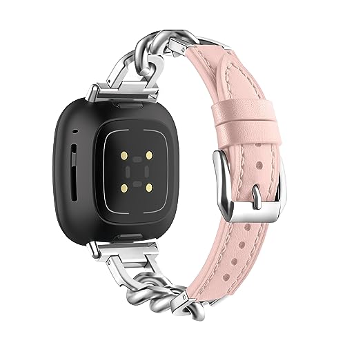 Lederarmband Mit Metall Ketten für Fitbit Versa 4/Versa 3/Sense/Sense 2 Armband Damen Fitbit Versa 4/3 Edelstahl Ersatzarmband Kompatibel mit Fitbit Versa 4/Versa 3/Sense/Sense 2 Uhrenarmband (3) von LXURY