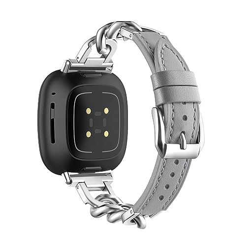 Lederarmband Mit Metall Ketten für Fitbit Versa 4/Versa 3/Sense/Sense 2 Armband Damen Fitbit Versa 4/3 Edelstahl Ersatzarmband Kompatibel mit Fitbit Versa 4/Versa 3/Sense/Sense 2 Uhrenarmband (4) von LXURY