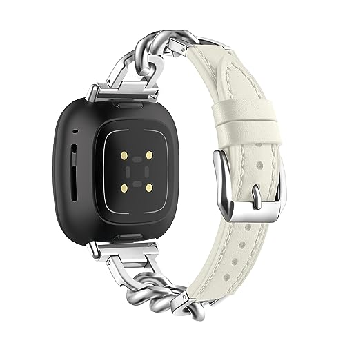 Lederarmband Mit Metall Ketten für Fitbit Versa 4/Versa 3/Sense/Sense 2 Armband Damen Fitbit Versa 4/3 Edelstahl Ersatzarmband Kompatibel mit Fitbit Versa 4/Versa 3/Sense/Sense 2 Uhrenarmband (5) von LXURY