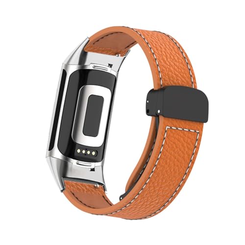 Magnetisch Lederarmband für Fitbit Charge 5/ Charge 6 Armband, Elegante Leder Armbänder für Herren Damen Verstellbarer Ersatzarmband Kompatibel mit Fitbit Charge 5/ Charge 6 Uhrenarmband (Orange) von LXURY