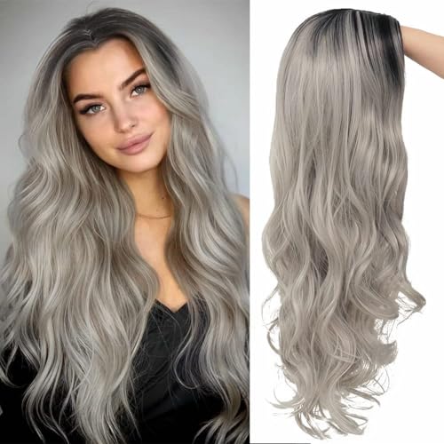 Karneval Perücke Grau,Silber Grau Lang Lockig,Halloween Perücke Grau Gothic Perücke,Lange Graue Ombré Perücke,Perücke Damen Perücke Grau mit Haarnetz,für Halloween Karneval Cosplay Kostüm Party von LXWINNER