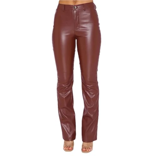 LXYDPZ Damen Elastische Pu-Leder Gerade Hose Hohe Taille Lässige Damenhose Schlanke Lange Lederhose (Dunkelbraun M) von LXYDPZ