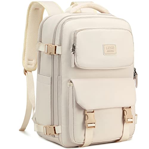 Laptop-Rucksack, 43,2 cm, Business-Reiserucksack, groß, College-Büchertasche, Computertasche für Damen und Herren, Beige, Large, Reisen von LXYGD