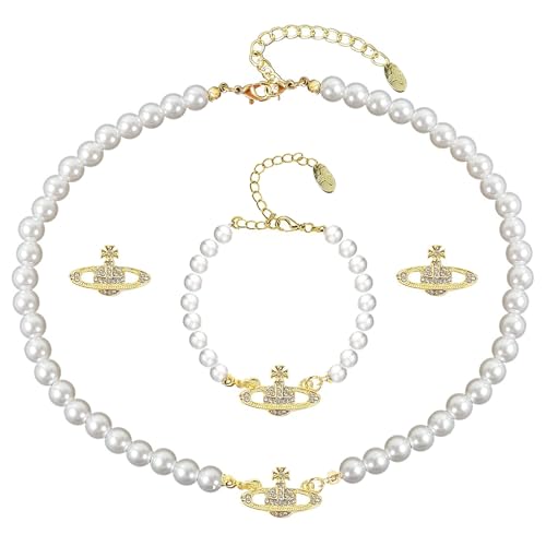 LXYNALI Saturn Perlenkette Saturn Perle Gold Halskette Perlenarmband Ohrringe Schmuck Set Damen Geburtstag Jahrestag Valentinstag Geschenke für Frau Freundin Mutter von LXYNALI