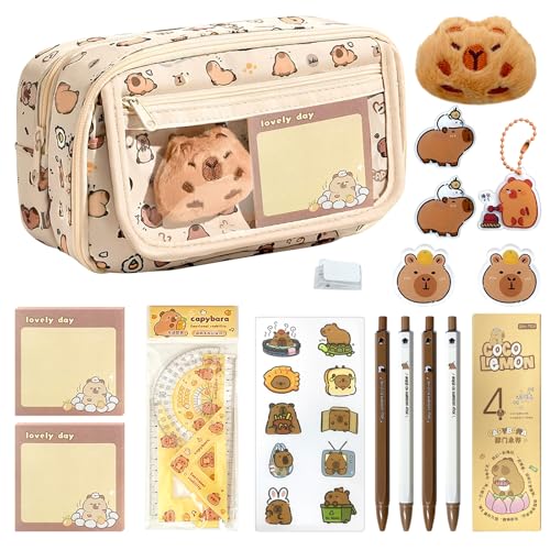 Capybara Federmäppchen mit 9 Fächern, Capybara Makeup Bag Pencil Bag, Capybara Schreibwaren Set, mit Capybara Clip Aufklebern Broschen Haftnotiz Stift Puppen, Stylisches Geschenk für Schüler & Büro von LXYYDS