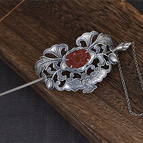 Vintage Haarstab for Dutt, 925 Silber Dutthalter, Damen Haarspange Vintage Rote Achat Pfingstrose Blume mit Kette Retro Haarstab Gabel Duttkäfig Pferdeschwanzhalter Vintage Haarstab for Dutt, 925 Silber Dutthalter, Damen Haarspange Vintage Rote Achat Pfingstrose Blume mit Kette Retro Haarstab Gabel Duttkäfig Pferdeschwanzhalter von LXZSMH