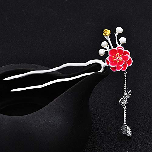 Vintage Haarstab for Dutt, U-förmiger 925er Silber Retro Haarstäbchen for Frauen 2 Pfirsichblüten Haarnadel Perle Ethno Haargabeln 2 Zinken Hochsteckfrisur Chignon Pins,(Enamel tassel) von LXZSMH