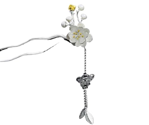 Vintage Haarstab for Dutt, U-förmiger 925er Silber Retro Haarstäbchen for Frauen 2 Pfirsichblüten Haarnadel Perle Ethno Haargabeln 2 Zinken Hochsteckfrisur Chignon Pins,(With tassel) von LXZSMH