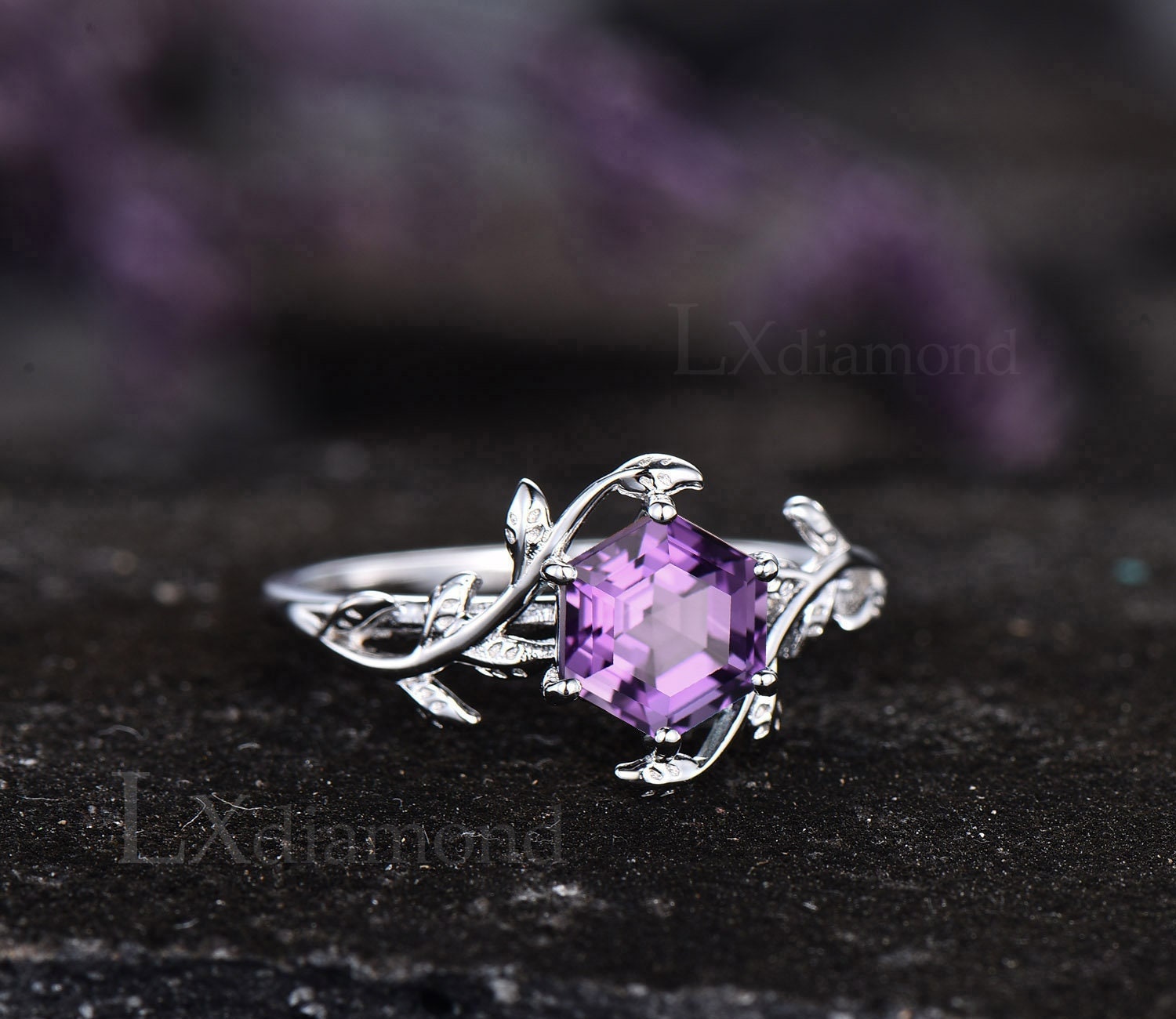 Amethyst Hexagonschliff Ring 925 Sterling Silber Einzigartige Natürliche Blatt Verlobungsring Solitärring Ehering Frauen von LXdiamond